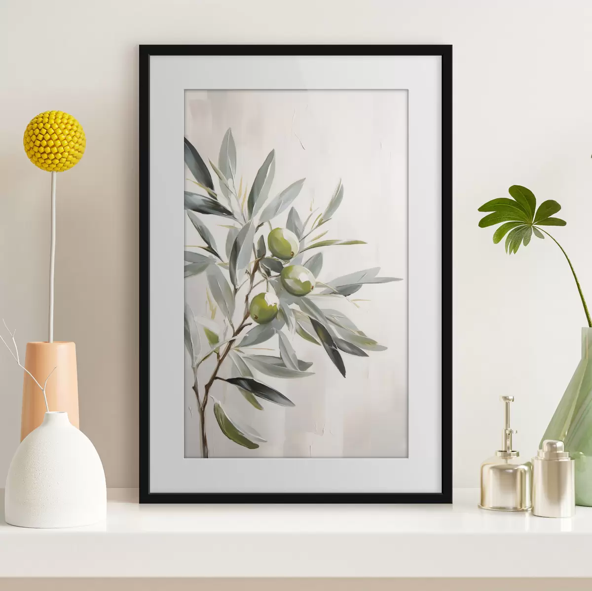 Poster olivenzweig, grüne Früchte, gedämpfte Töne, Blätter, minimal, natürlich, Ölgemälde, botanisch f45109