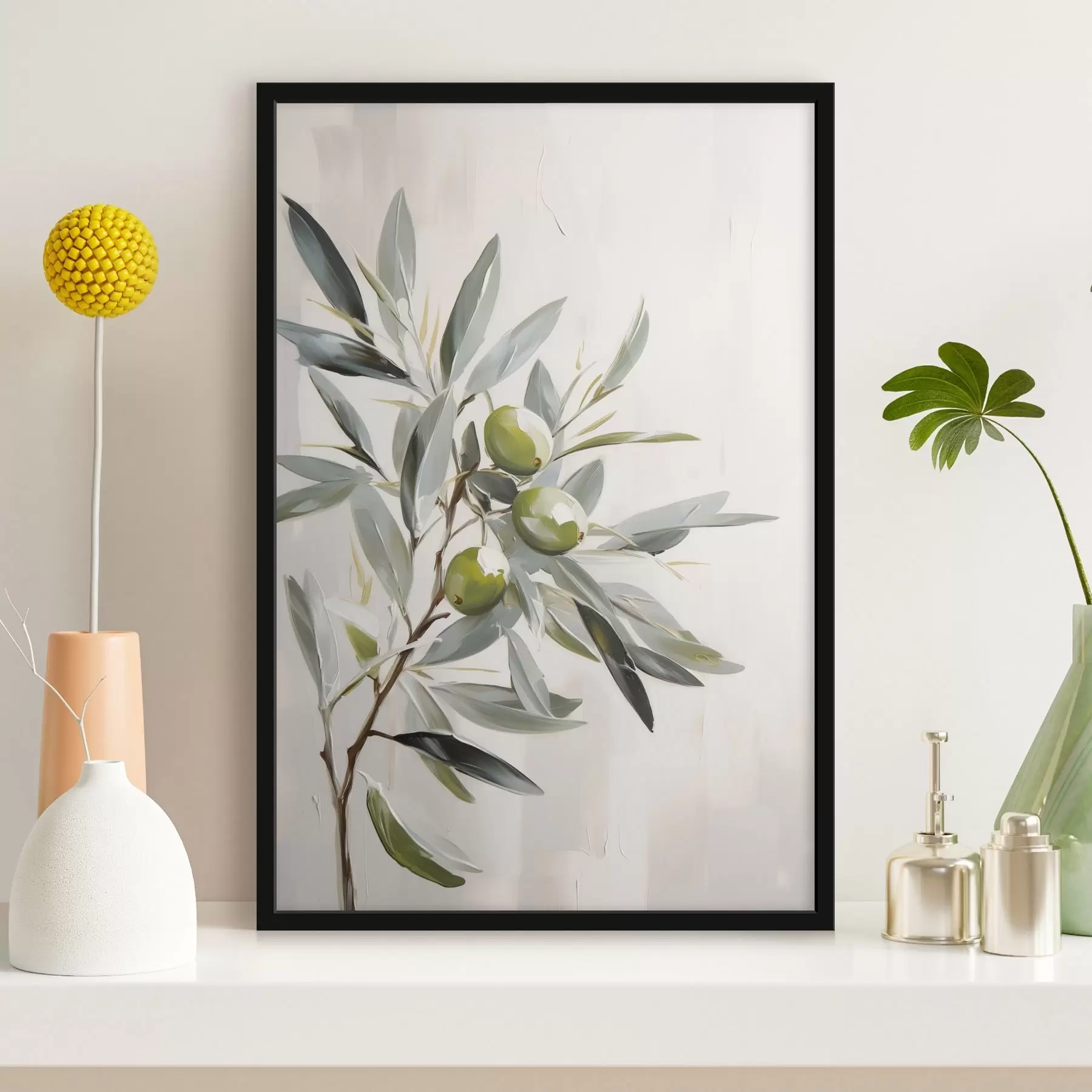 Fototapete olivenzweig, grüne Früchte, gedämpfte Töne, Blätter, minimal, natürlich, Ölgemälde, botanisch f45109