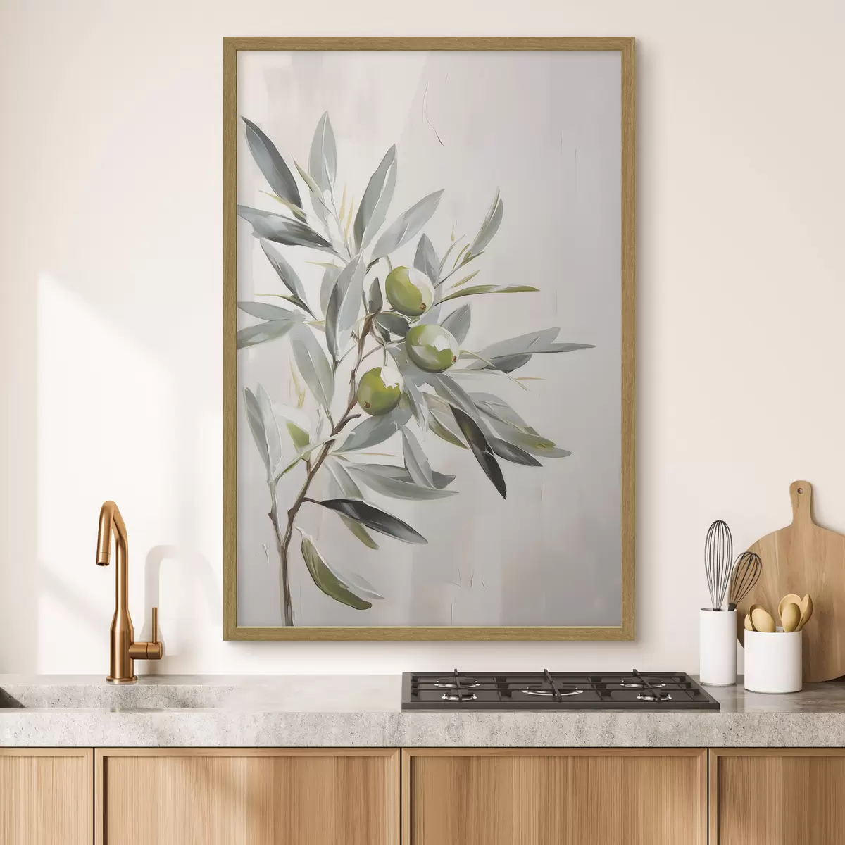 Poster olivenzweig, grüne Früchte, gedämpfte Töne, Blätter, minimal, natürlich, Ölgemälde, botanisch f45109