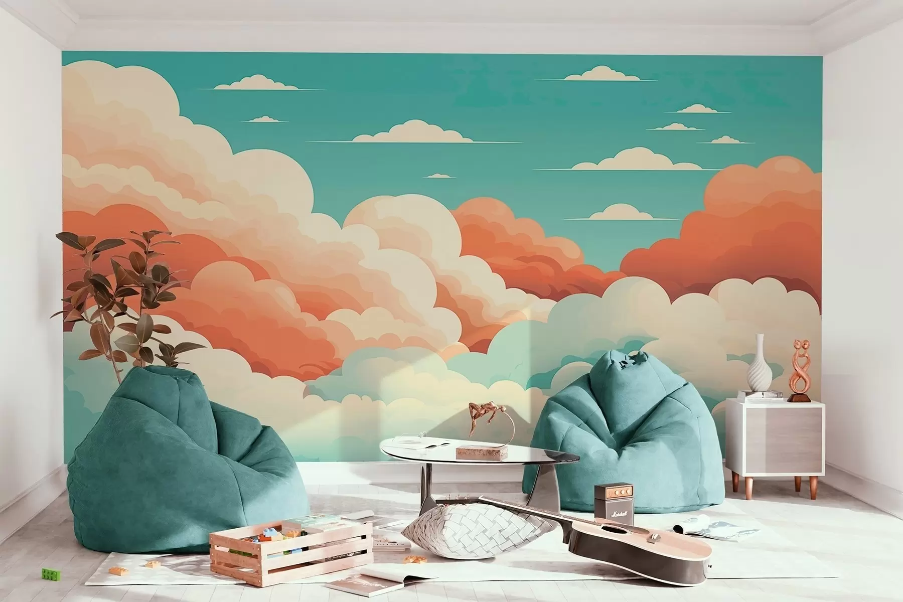 Fototapete Skurrile Wolken im Cartoon-Stil unter einem blauen Himmel w09246