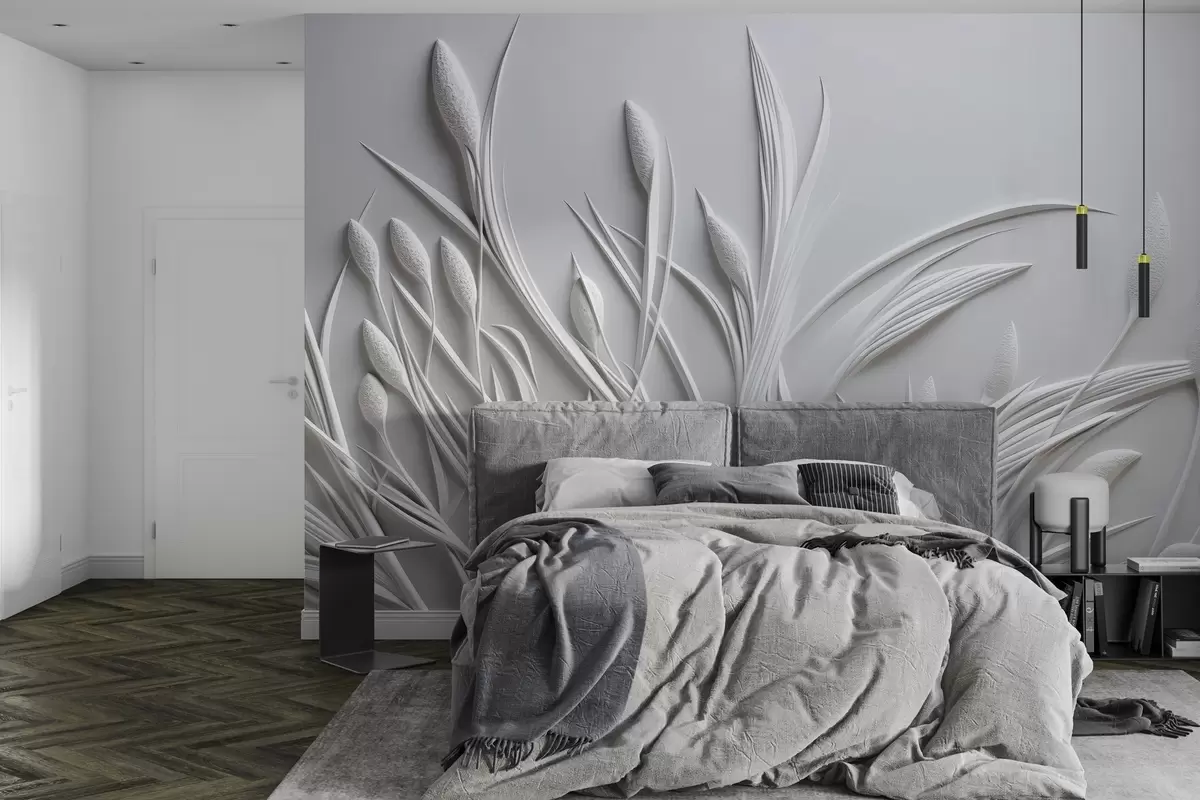 Fototapete Flachrelief mit zarten Blättern und Pampas w04247