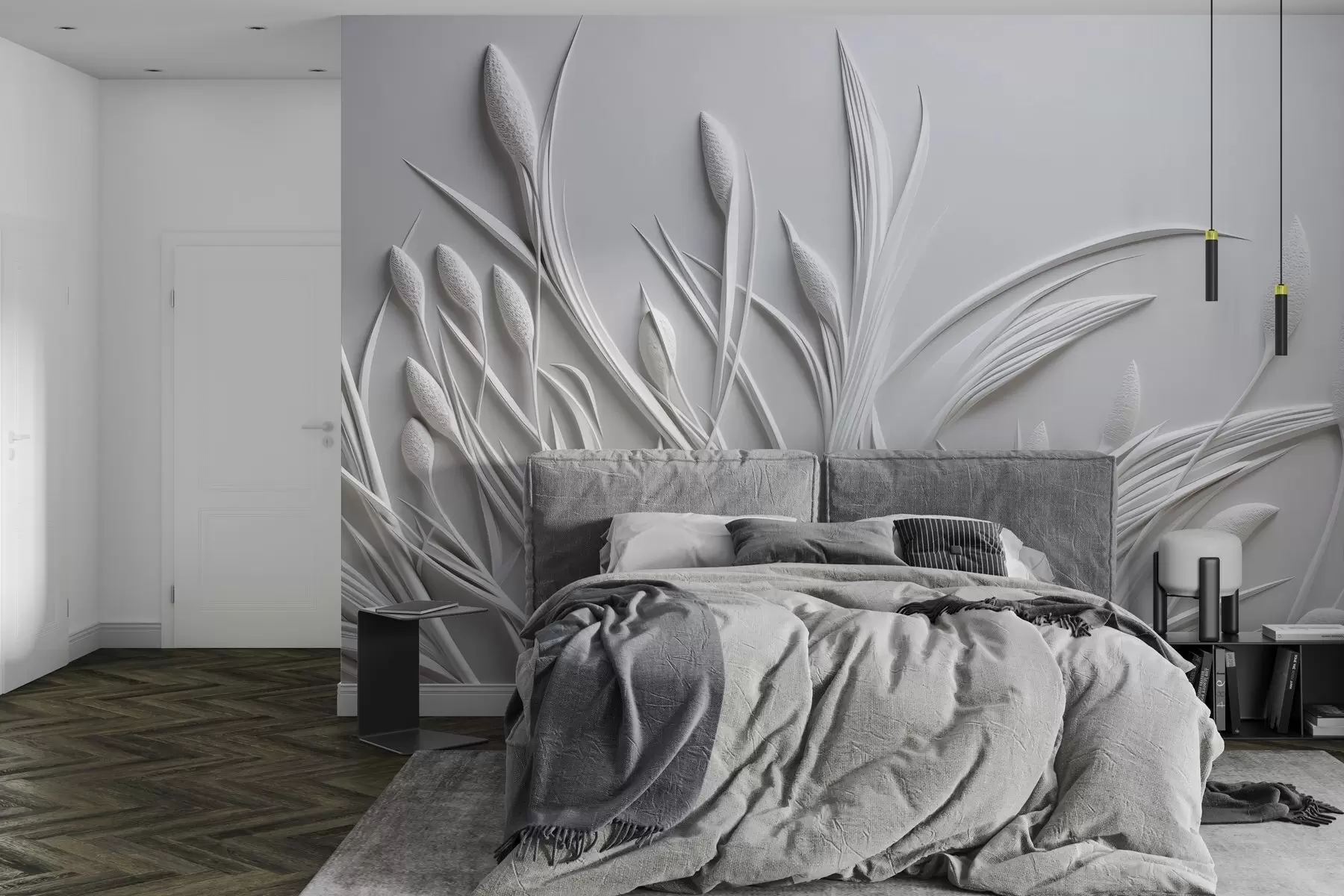 Fototapete Flachrelief mit zarten Blättern und Pampas w04247