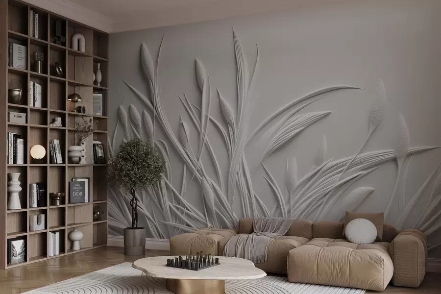 Fototapete Flachrelief mit zarten Blättern und Pampas w04247