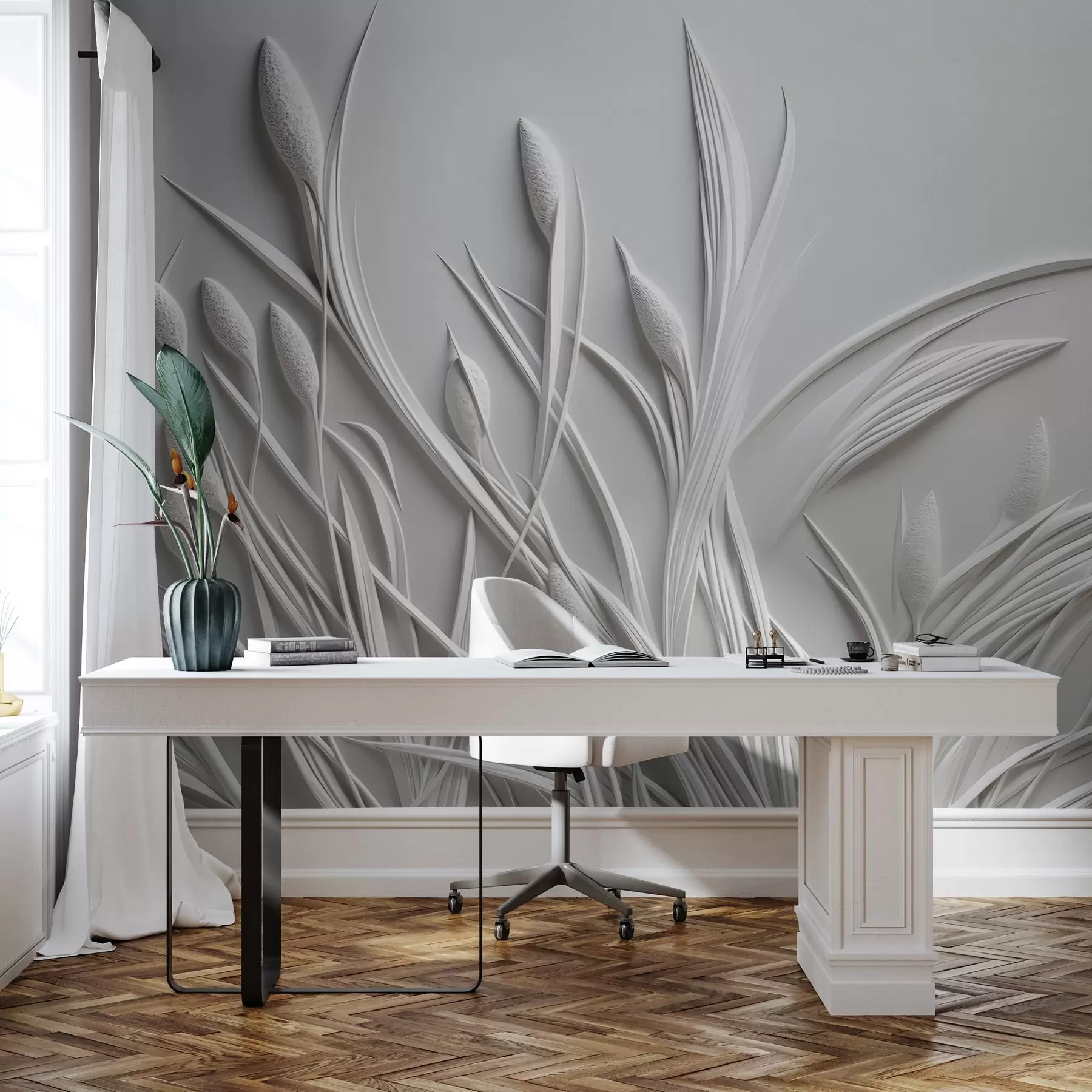 Fototapete Flachrelief mit zarten Blättern und Pampas w04247