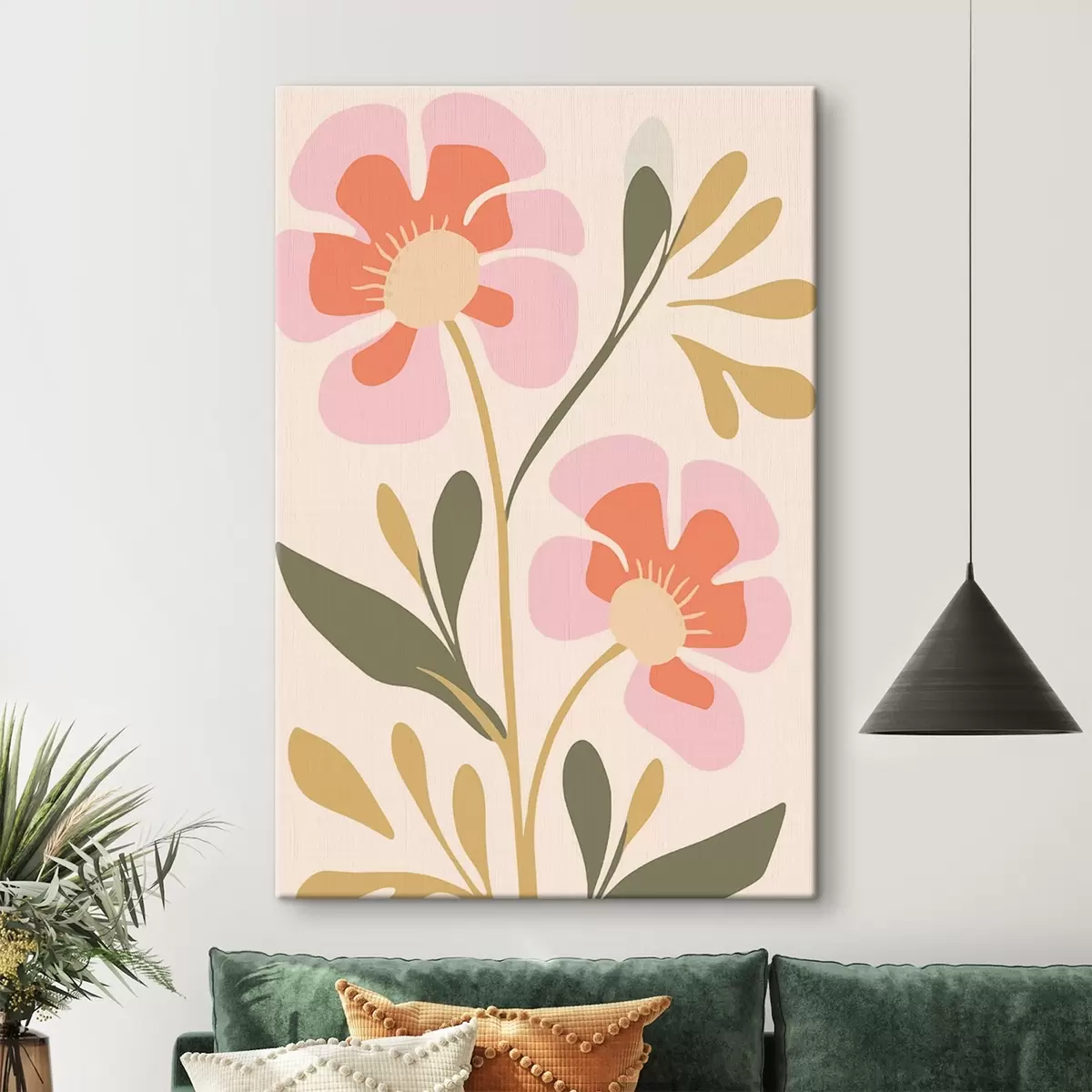 Fototapete Stilisierte rosa und orange Blumen mit grünen Blättern s45140