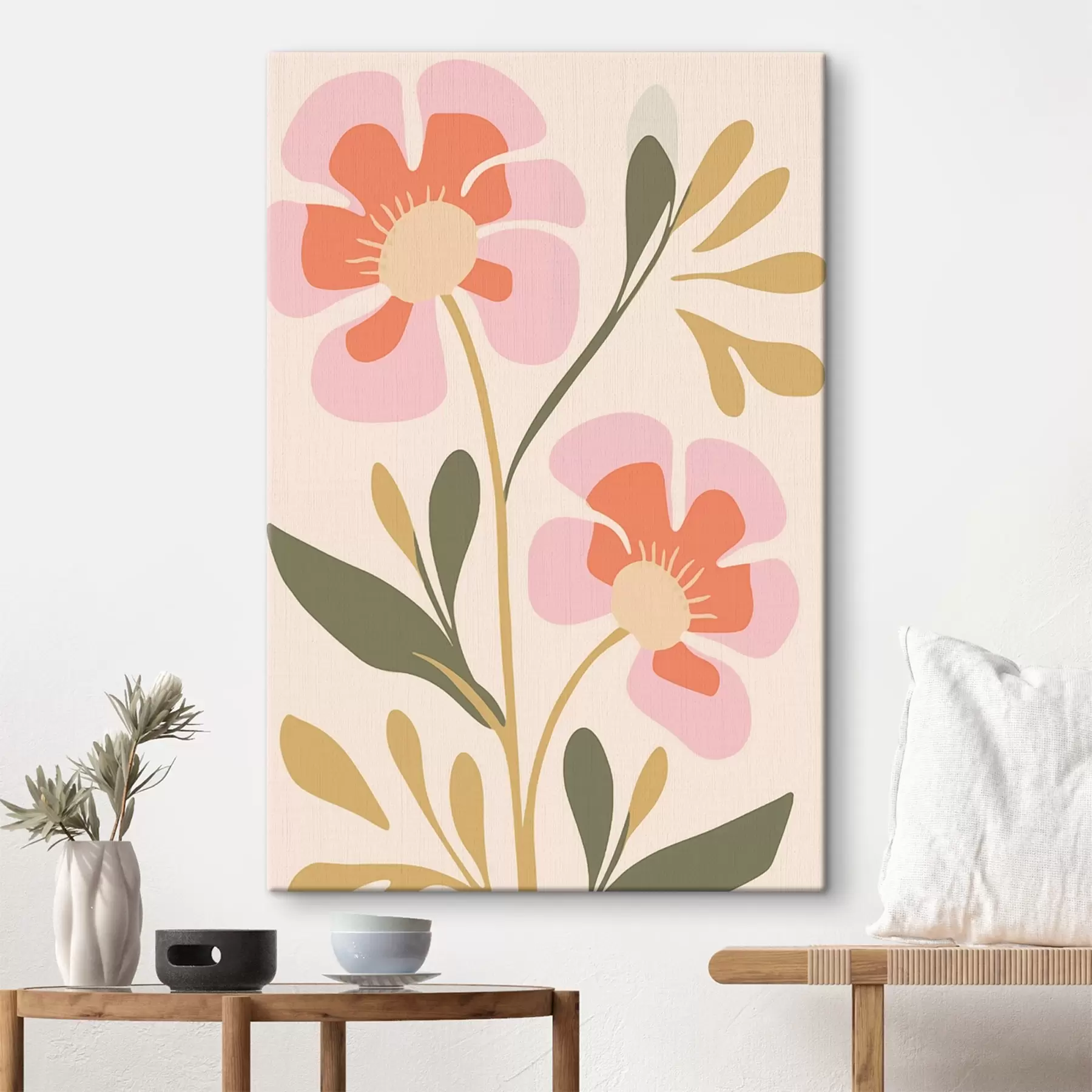 Fototapete Stilisierte rosa und orange Blumen mit grünen Blättern s45140