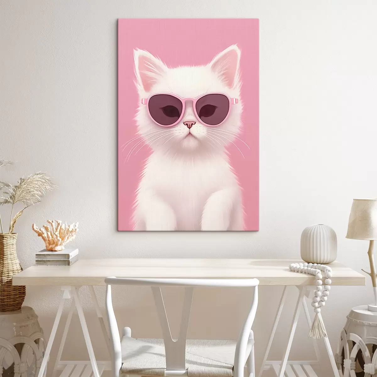 Fototapete Weiße Katze mit rosa Brille s45145