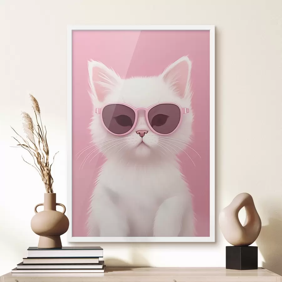 Fototapete Weiße Katze mit rosa Brille f45145