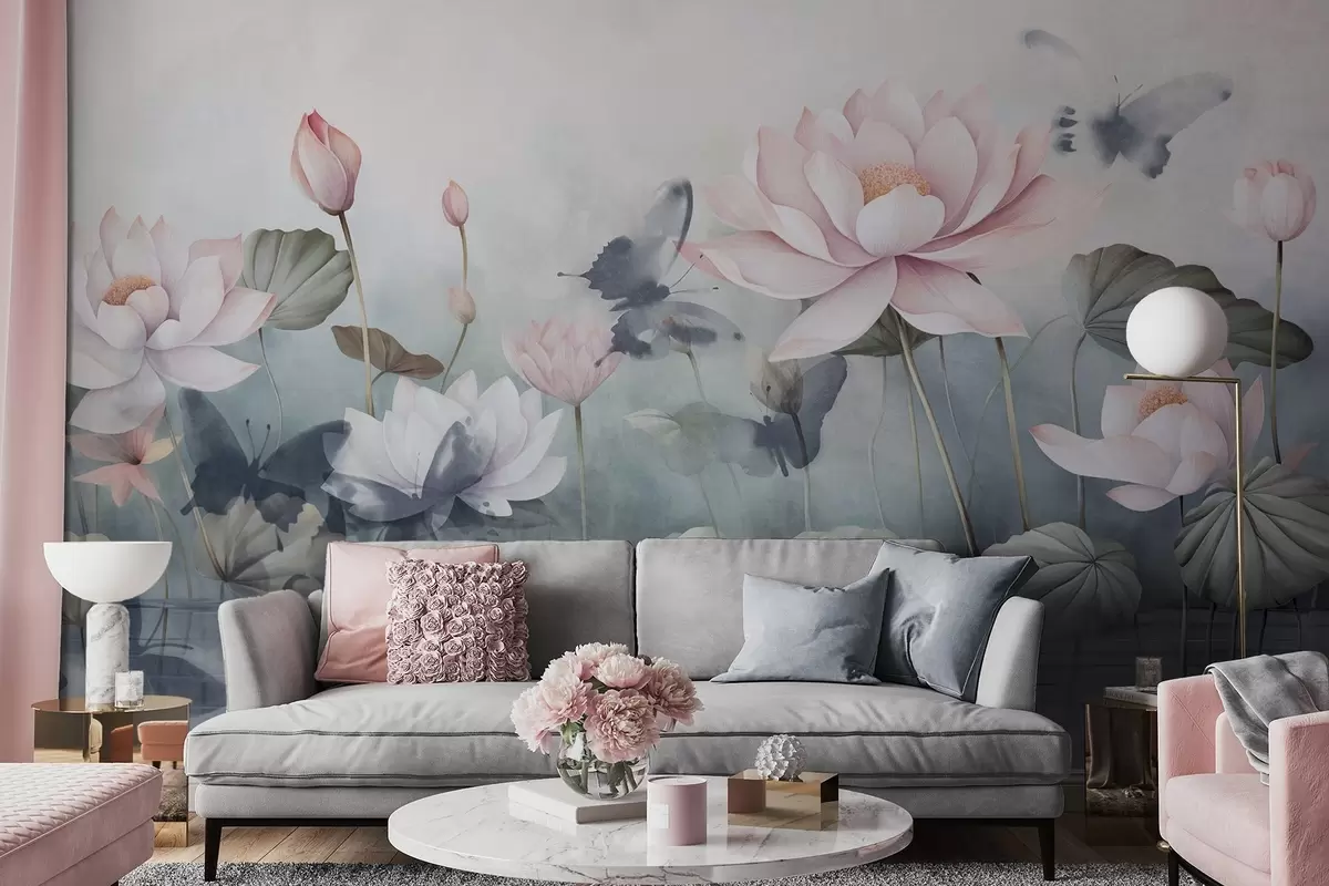 Fototapete Lotus strukturierte Blumen mit rosa Pastell Blütenblätter, grüne Blätter, Wasser Reflexion, weiche Pastellfarben, Aquarell-Effekt w09254