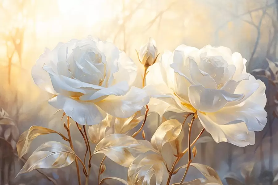 Fototapete Weiße strukturierte Rosen mit gelben Stielen und Blättern, weiche Beleuchtung, heller Hintergrund mit unscharfen floralen Formen w09258