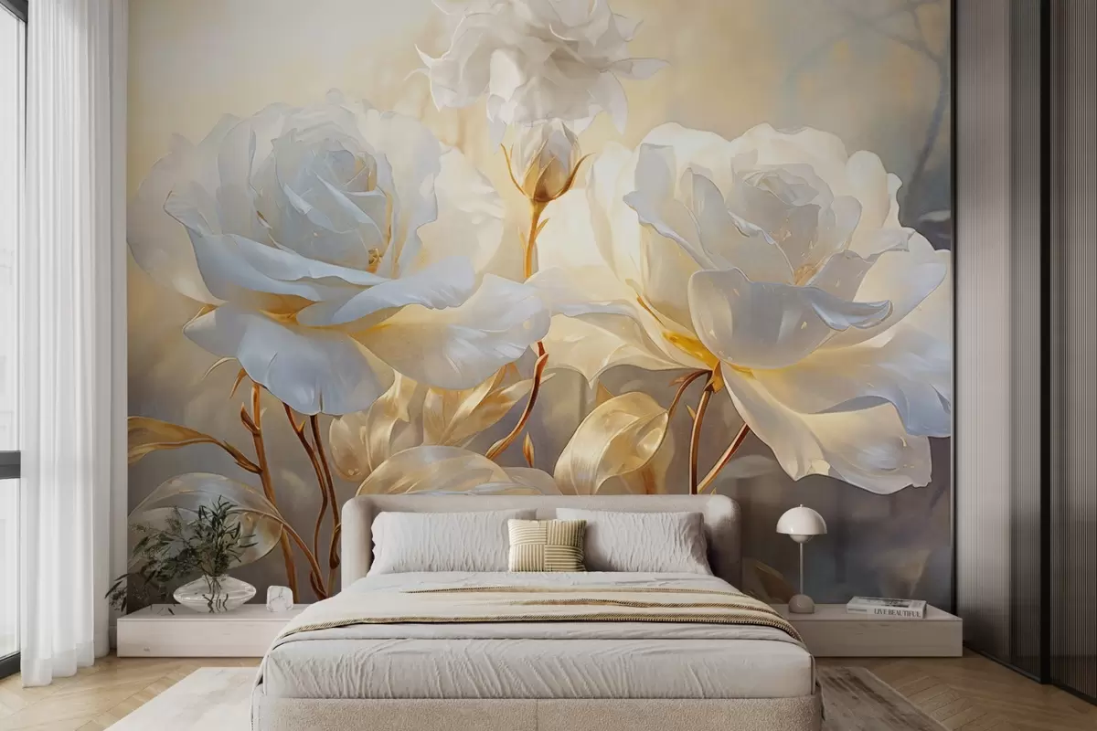 Fototapete Weiße strukturierte Rosen mit gelben Stielen und Blättern, weiche Beleuchtung, heller Hintergrund mit unscharfen floralen Formen w09258