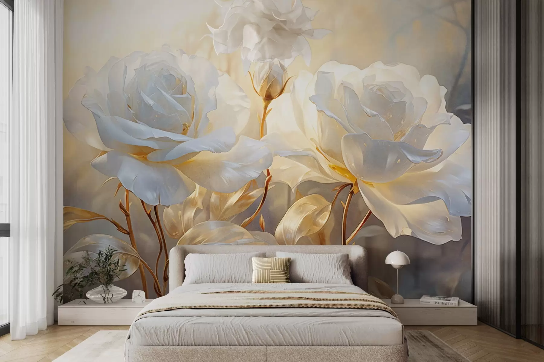 Fototapete Weiße strukturierte Rosen mit gelben Stielen und Blättern, weiche Beleuchtung, heller Hintergrund mit unscharfen floralen Formen w09258