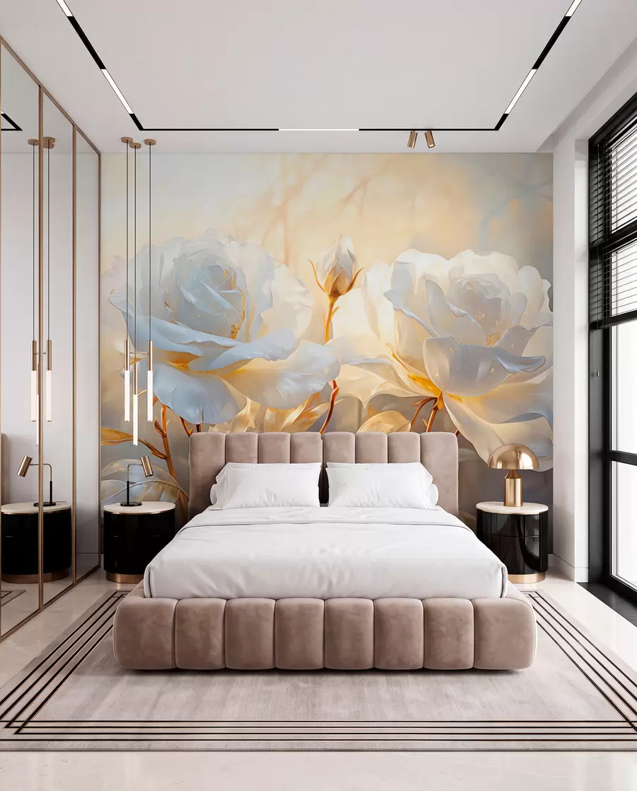 Fototapete Weiße strukturierte Rosen mit gelben Stielen und Blättern, weiche Beleuchtung, heller Hintergrund mit unscharfen floralen Formen w09258