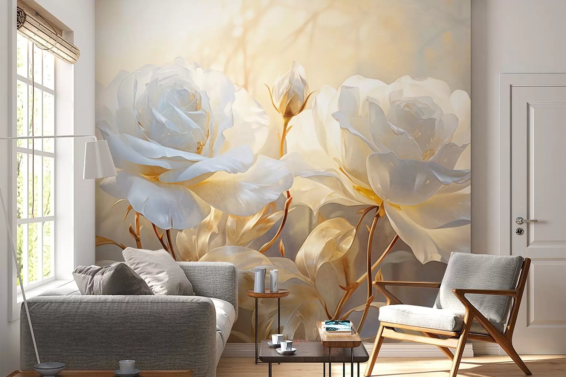 Fototapete Weiße strukturierte Rosen mit gelben Stielen und Blättern, weiche Beleuchtung, heller Hintergrund mit unscharfen floralen Formen w09258