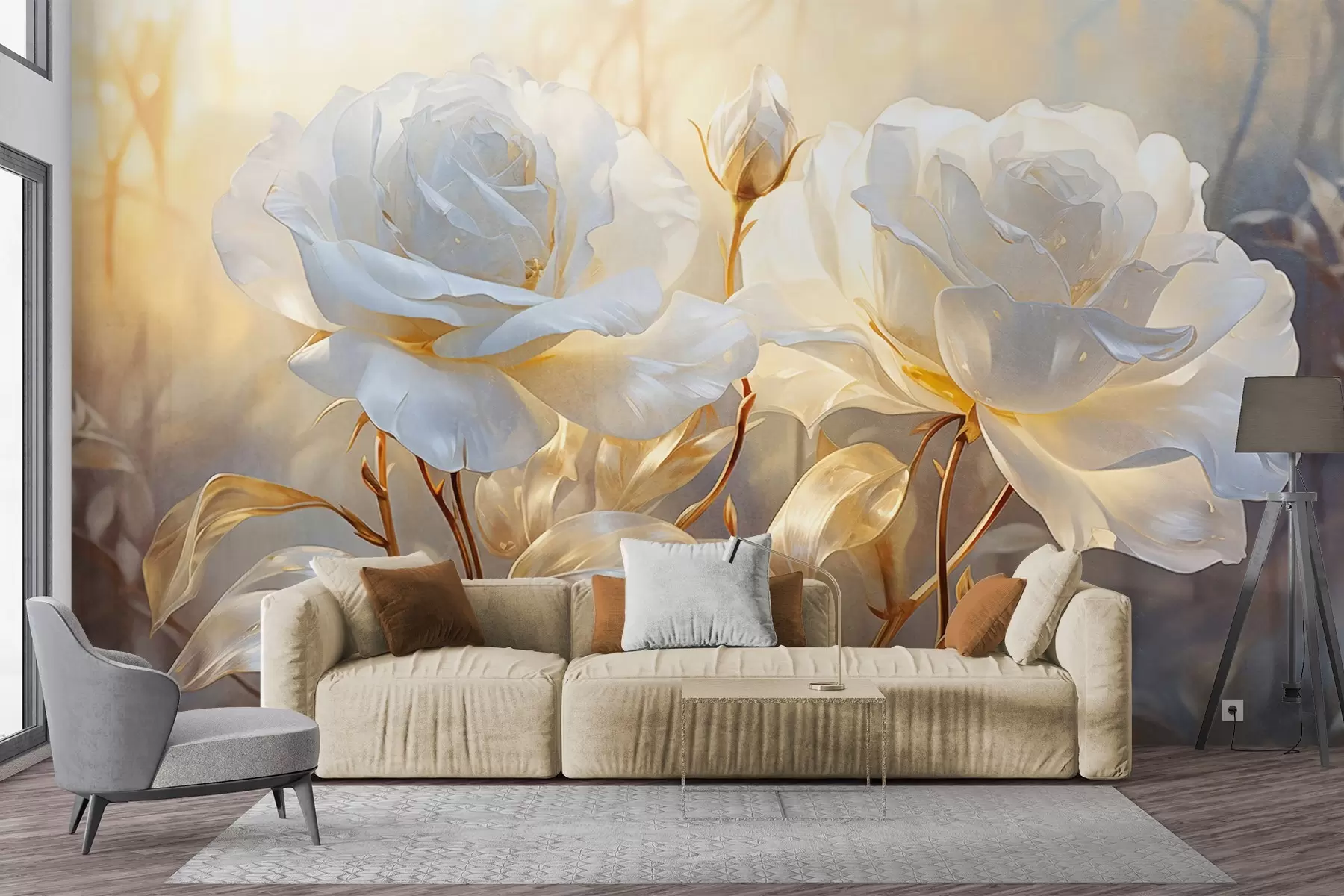 Fototapete Weiße strukturierte Rosen mit gelben Stielen und Blättern, weiche Beleuchtung, heller Hintergrund mit unscharfen floralen Formen w09258