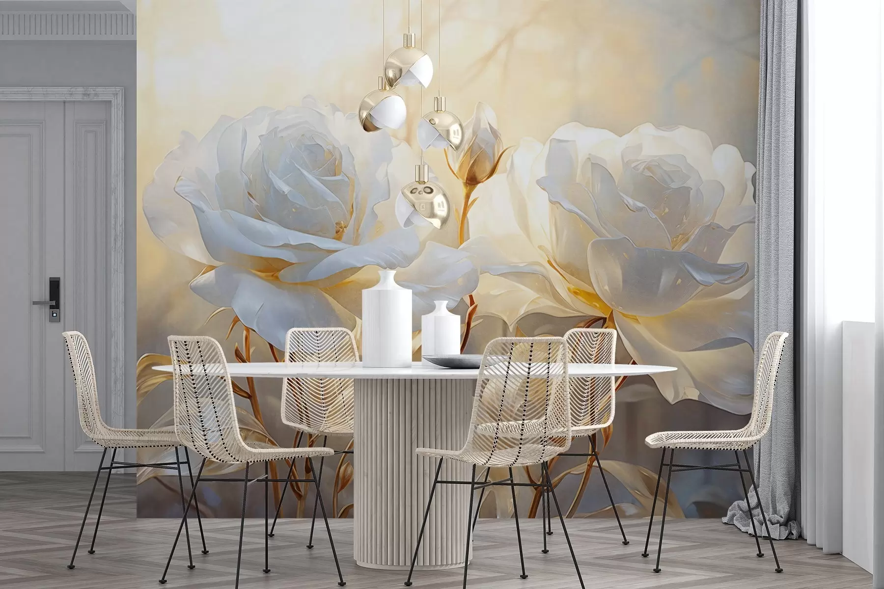 Fototapete Weiße strukturierte Rosen mit gelben Stielen und Blättern, weiche Beleuchtung, heller Hintergrund mit unscharfen floralen Formen w09258