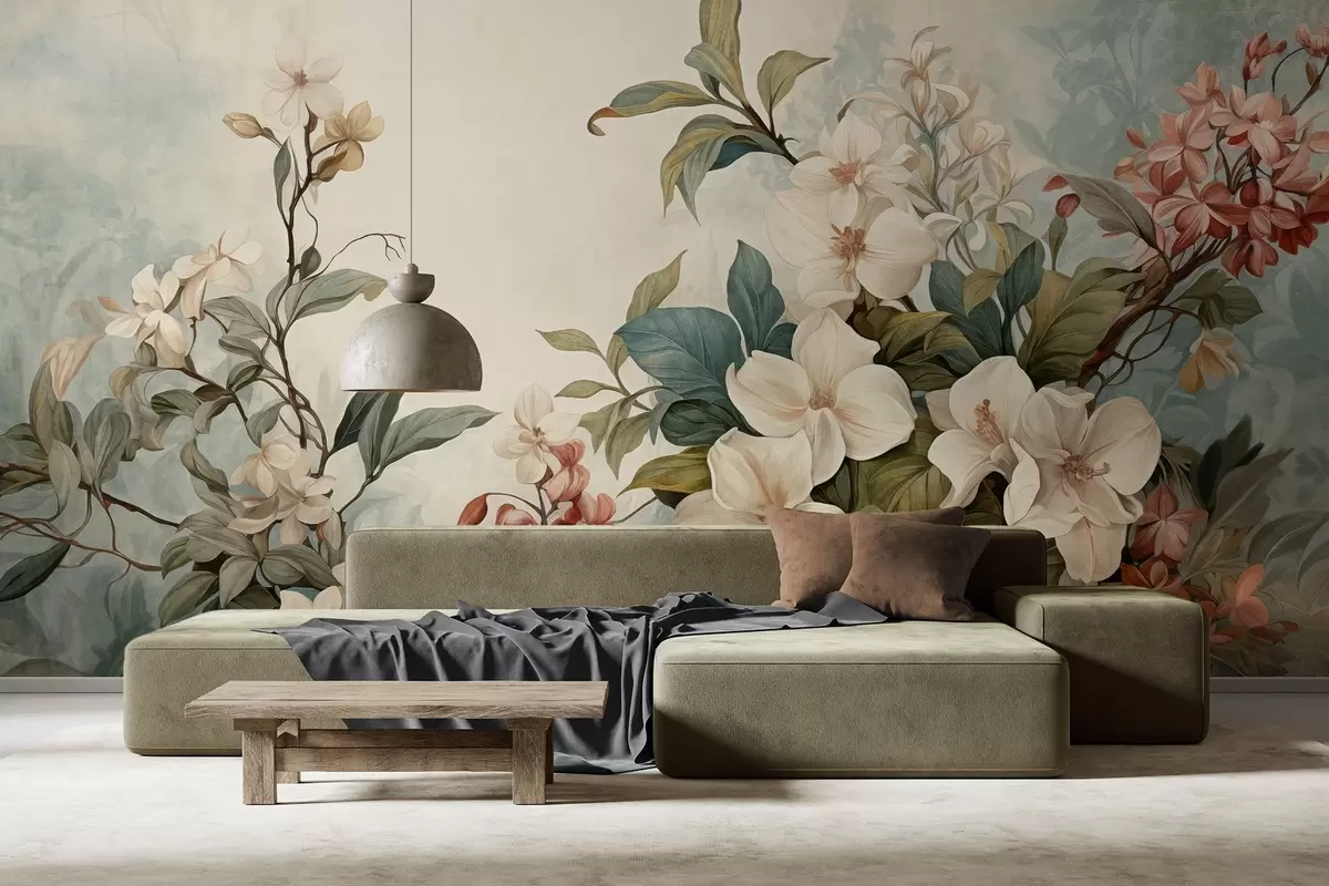 Fototapete Texturierte tropische Blumen und Blätter in sanften Blau- und Grüntönen, zarte Pinselstriche, botanischer Vintage-Stil w09259
