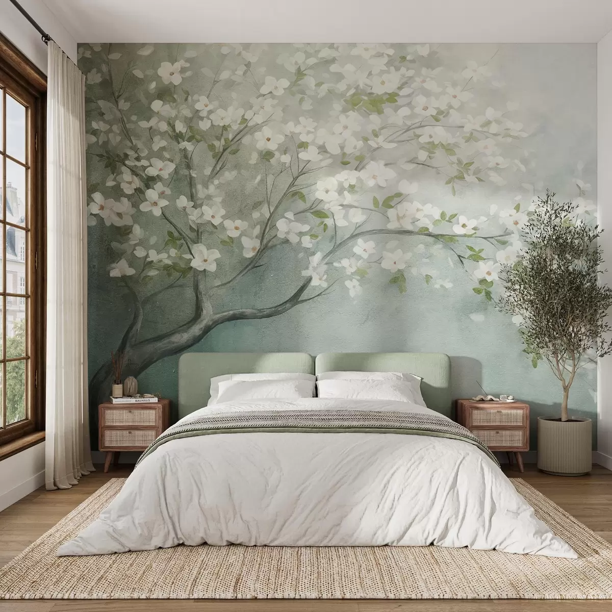 Fototapete Ein blühender Baum mit weißen Blüten in voller Blüte, vor einem körnigen, lauten, strukturierten Hintergrund in gedämpftem Blau und Grün w09261