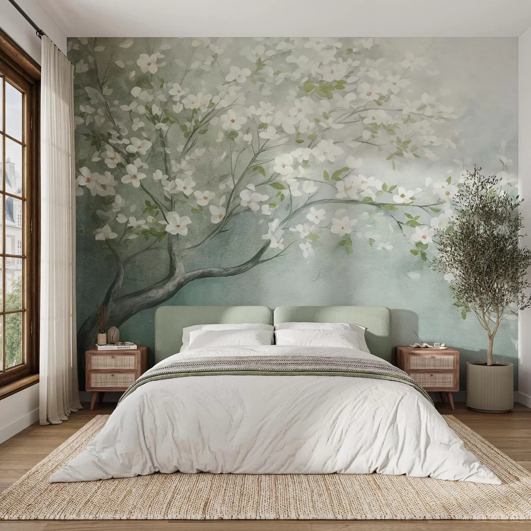 Fototapete Ein blühender Baum mit weißen Blüten in voller Blüte, vor einem körnigen, lauten, strukturierten Hintergrund in gedämpftem Blau und Grün w09261