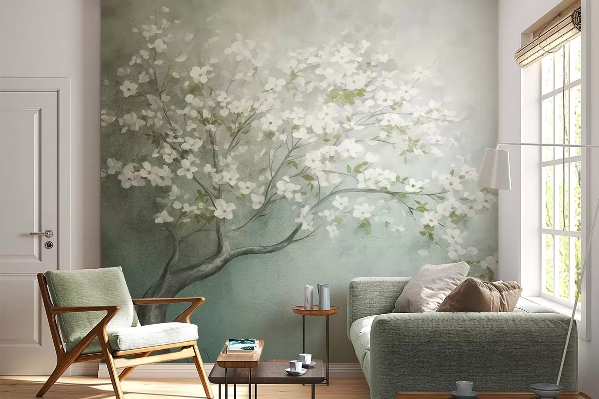 Fototapete Ein blühender Baum mit weißen Blüten in voller Blüte, vor einem körnigen, lauten, strukturierten Hintergrund in gedämpftem Blau und Grün w09261