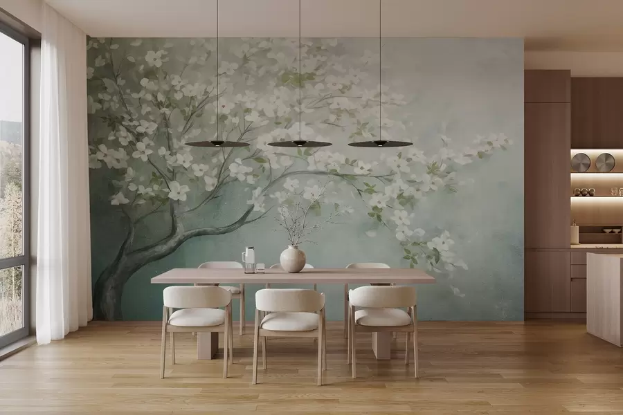 Fototapete Ein blühender Baum mit weißen Blüten in voller Blüte, vor einem körnigen, lauten, strukturierten Hintergrund in gedämpftem Blau und Grün w09261