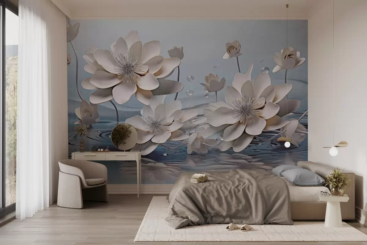 Fototapete Weiße strukturierte Blumen mit Wassertropfen, Reflexionen auf der Wasseroberfläche, hellblauer Hintergrund, elegantes Design w09262