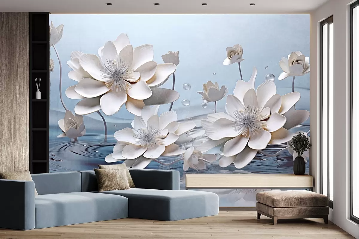 Fototapete Weiße strukturierte Blumen mit Wassertropfen, Reflexionen auf der Wasseroberfläche, hellblauer Hintergrund, elegantes Design w09262
