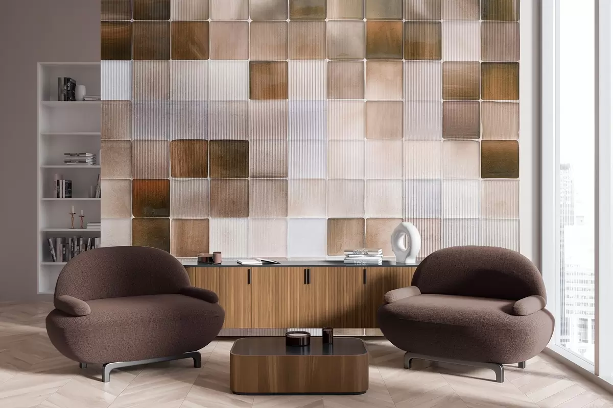 Fototapete Quadratische Mosaiksteinfliesen in Braun-, Beige- und Weißtönen mit einer abstrakten, geriffelten, geräuschvollen Textur w09269
