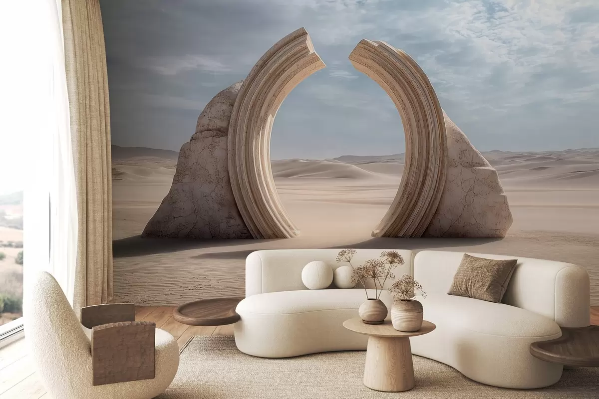 Fototapete surrealistische Wüstenlandschaft mit einem großen architektonischen Bogen w04284