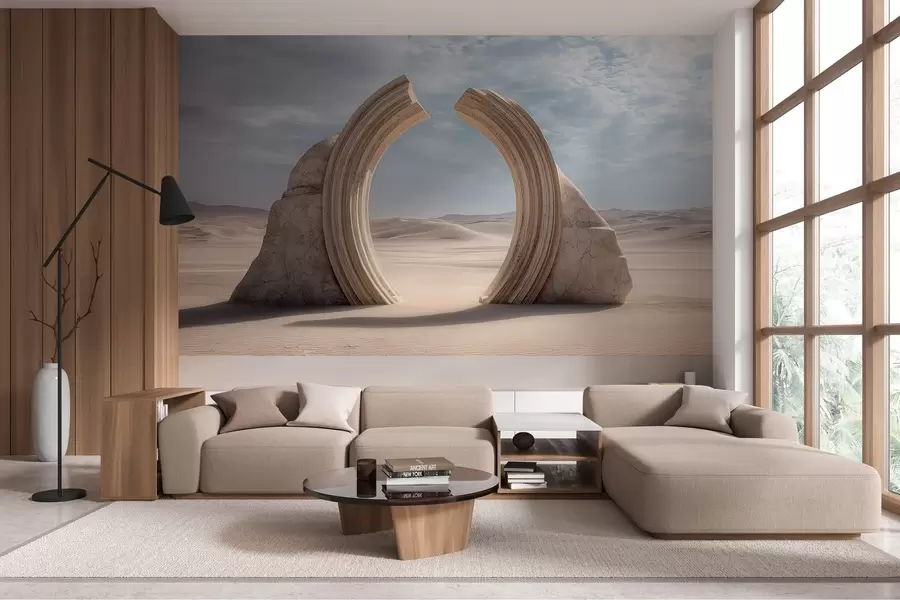 Fototapete surrealistische Wüstenlandschaft mit einem großen architektonischen Bogen w04284