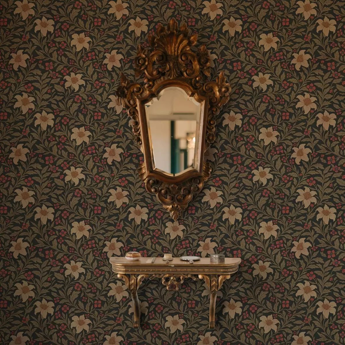 Tapete Dunkler Hintergrund mit gelben und roten Blumen im Art Nouveau Stil a00293