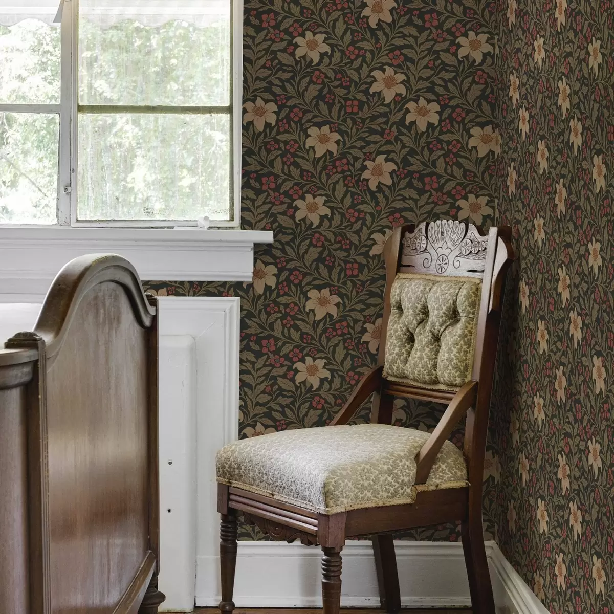Tapete Dunkler Hintergrund mit gelben und roten Blumen im Art Nouveau Stil a00293