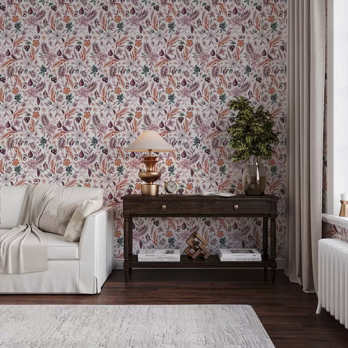 Tapete Helle Beeren, Blumen und Blätter im Aquarellstil a00298