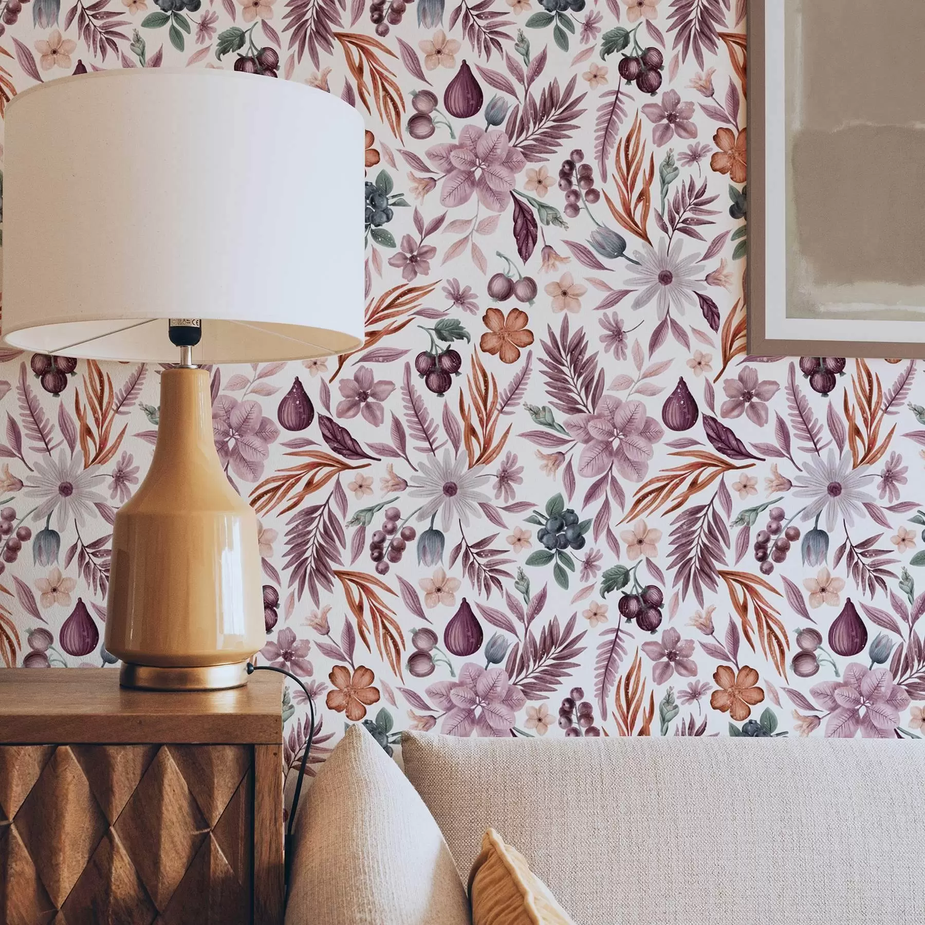 Fototapete Helle Beeren, Blumen und Blätter im Aquarellstil a00298