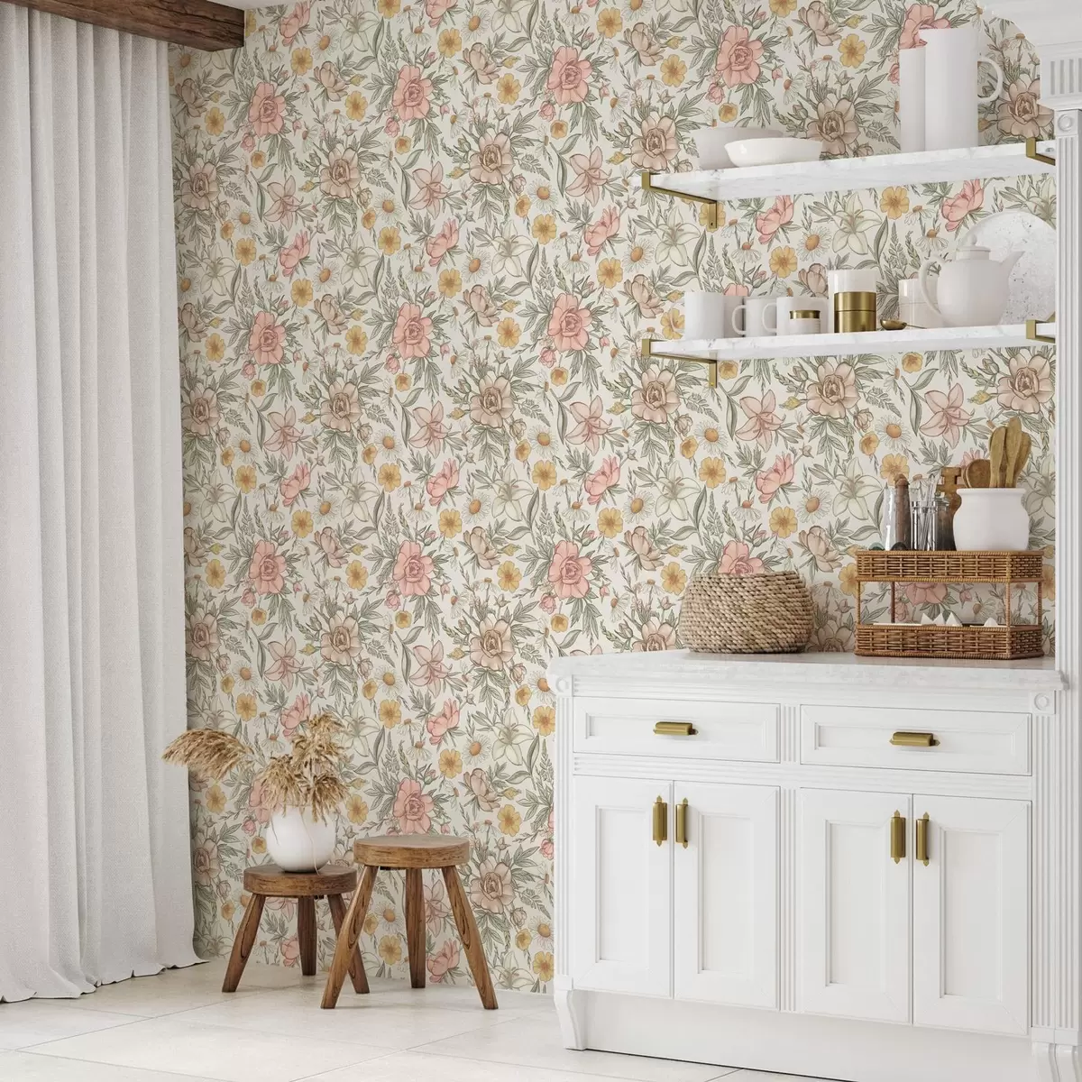 Tapete Gänseblümchen, Pfingstrosen, Lilien und Blätter in zarten Farben a00299