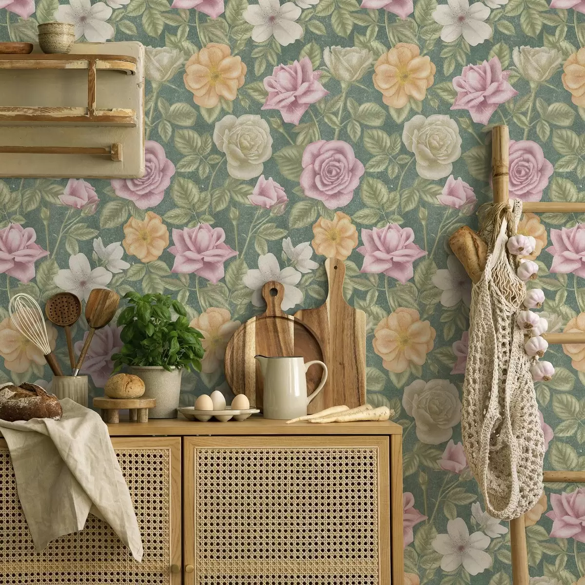 Tapete Rosa Creme und gelbe Rosen auf grünem Hintergrund a00300