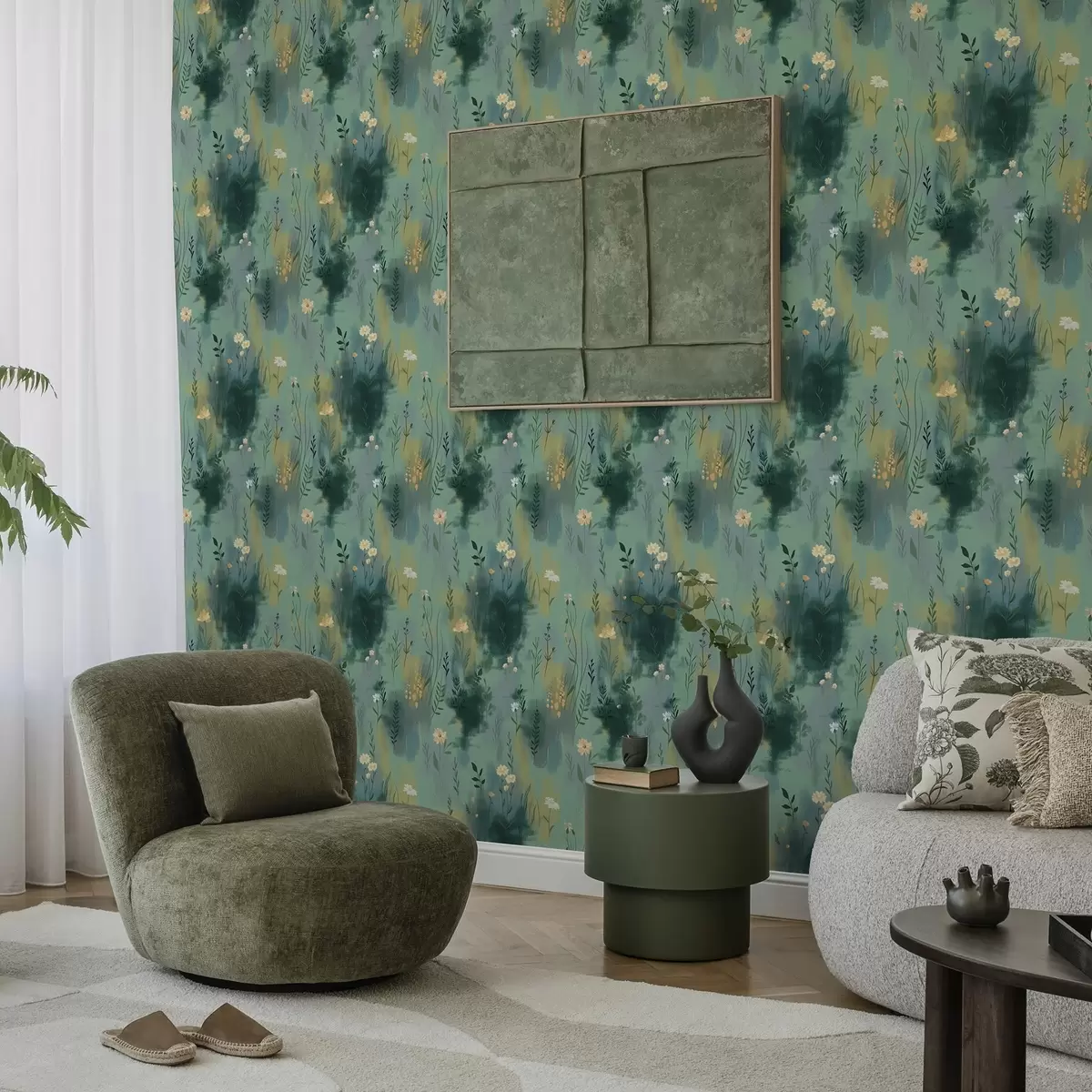 Tapete Aquarell Abstraktion mit Blumen auf grünem Hintergrund a00312