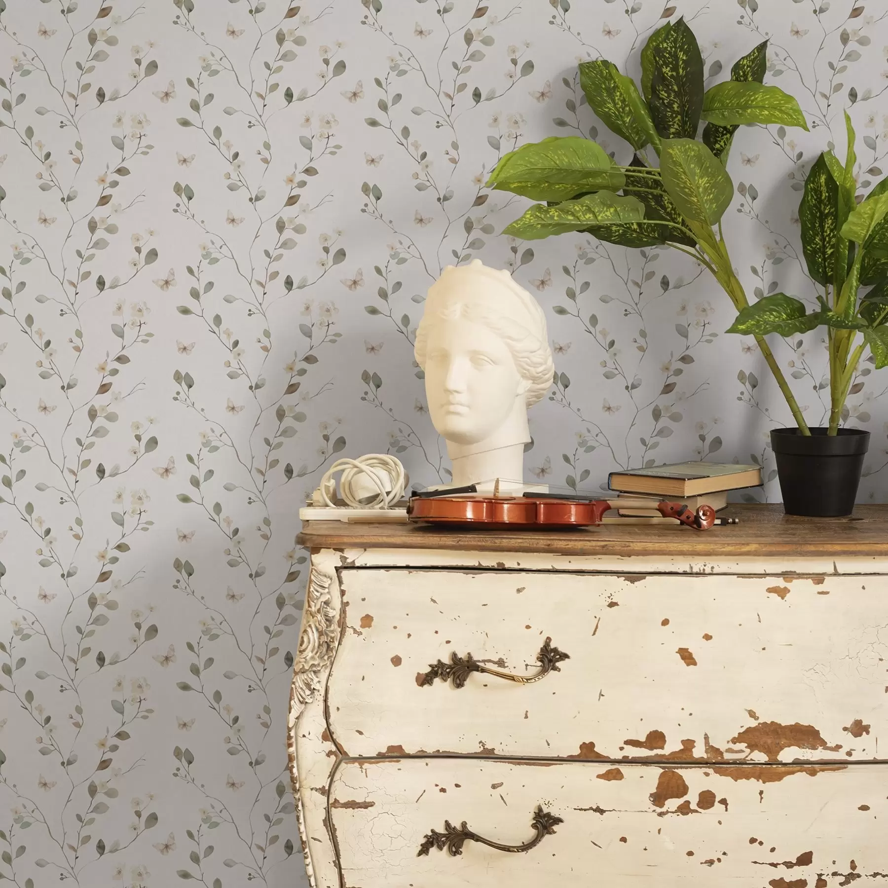 Fototapete Dünne Zweige mit Blumen und Schmetterlingen auf weißem Hintergrund a00342