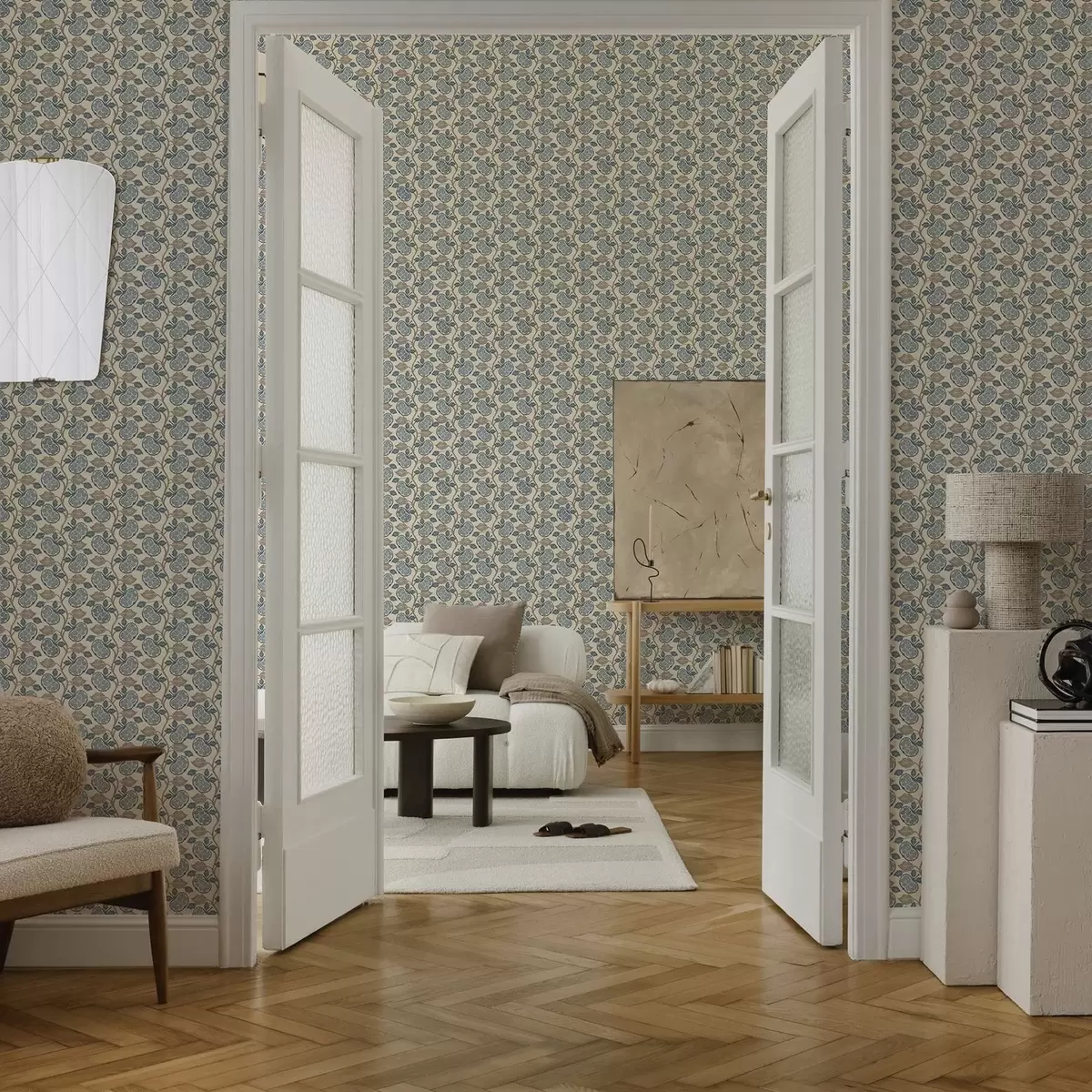 Tapete Symmetrisches Muster mit blauen und beigen Elementen a00360