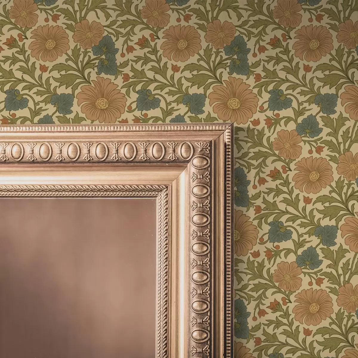 Tapete Orangefarbene Blumen mit Blättern im Art Nouveau-Stil a00409