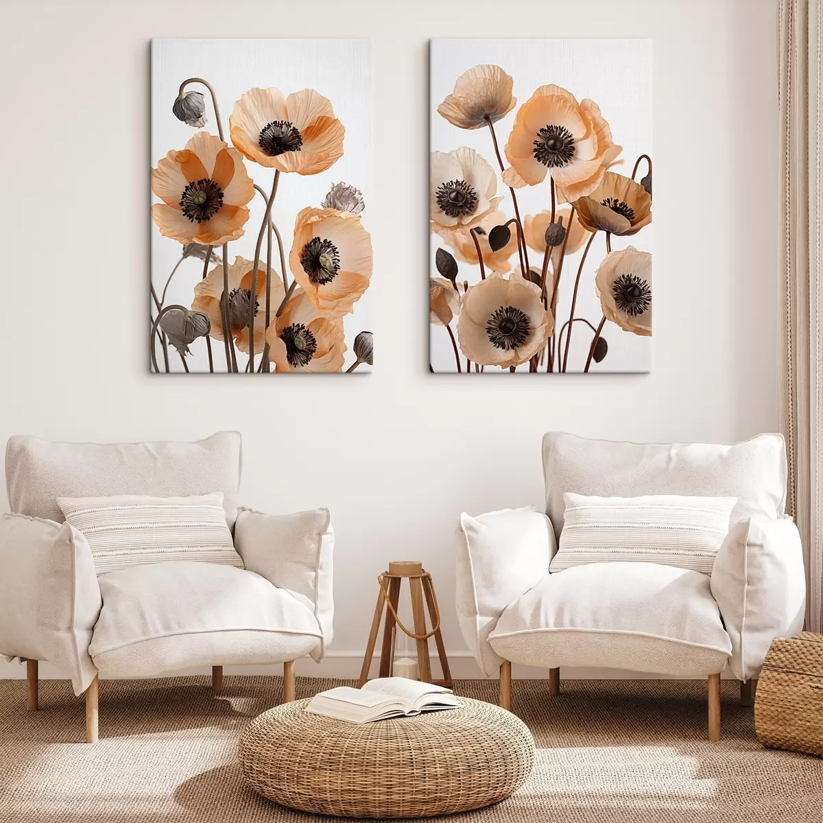 Fototapete Orangefarbene Mohnblumen, getrocknete Blumen vor einem hellen Hintergrund, weiche Beleuchtung, zarte Blütenblätter, Blumenarrangement m00518