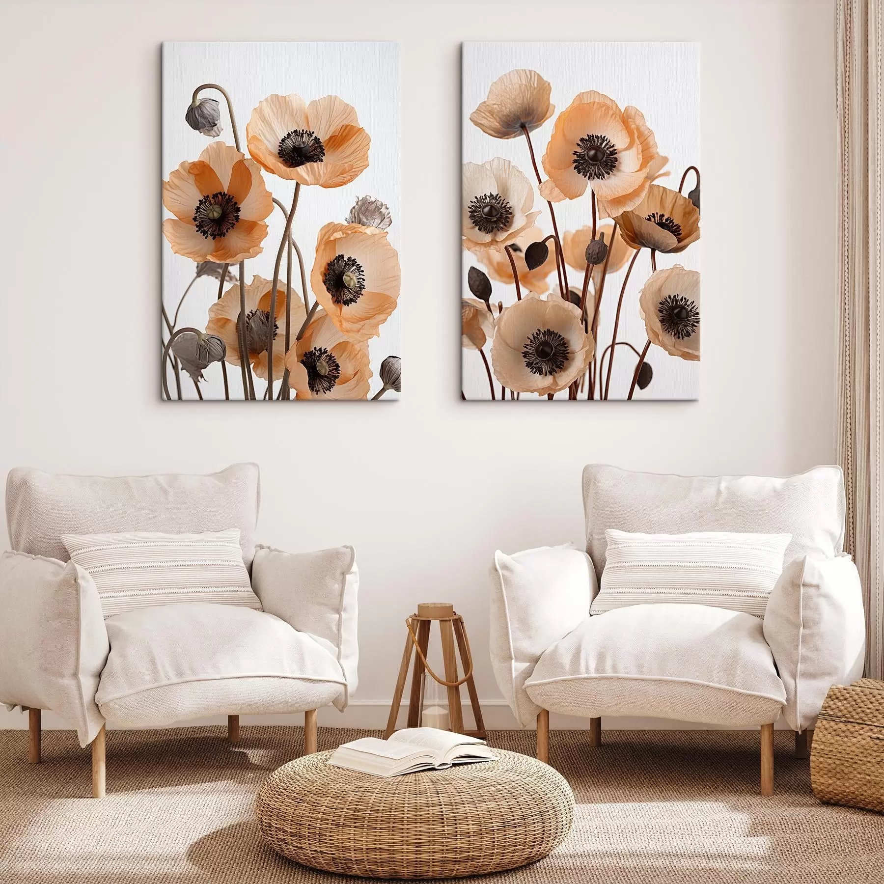Fototapete Orangefarbene Mohnblumen, getrocknete Blumen vor einem hellen Hintergrund, weiche Beleuchtung, zarte Blütenblätter, Blumenarrangement m00518