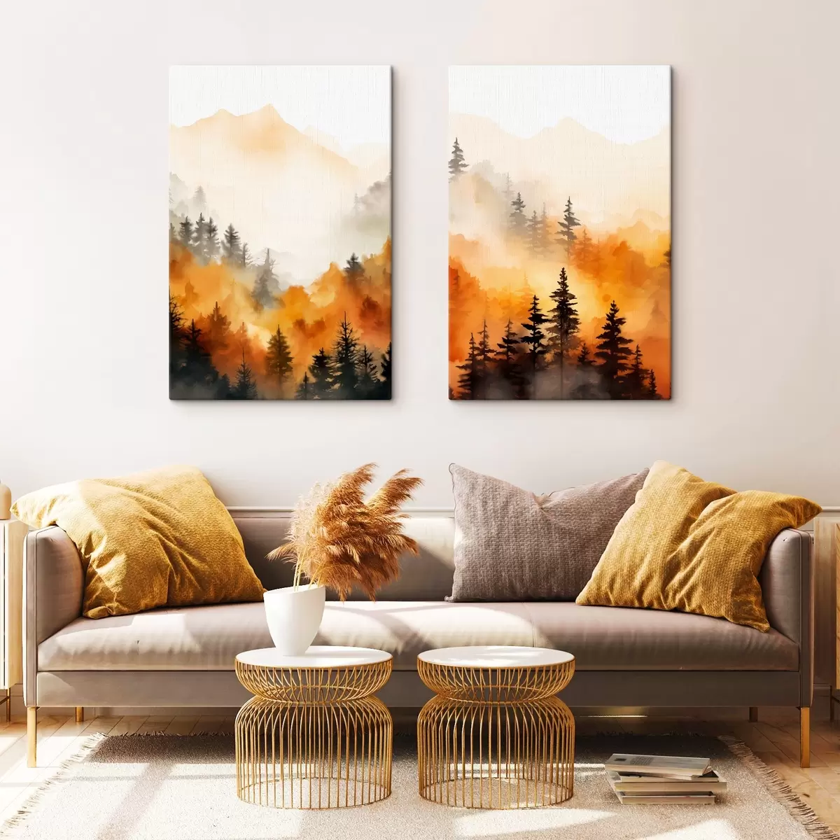 Fototapete Eine Landschaft Aquarell Malerei Nachahmung eines Waldes mit hohen Kiefern und Berge im Hintergrund m00519