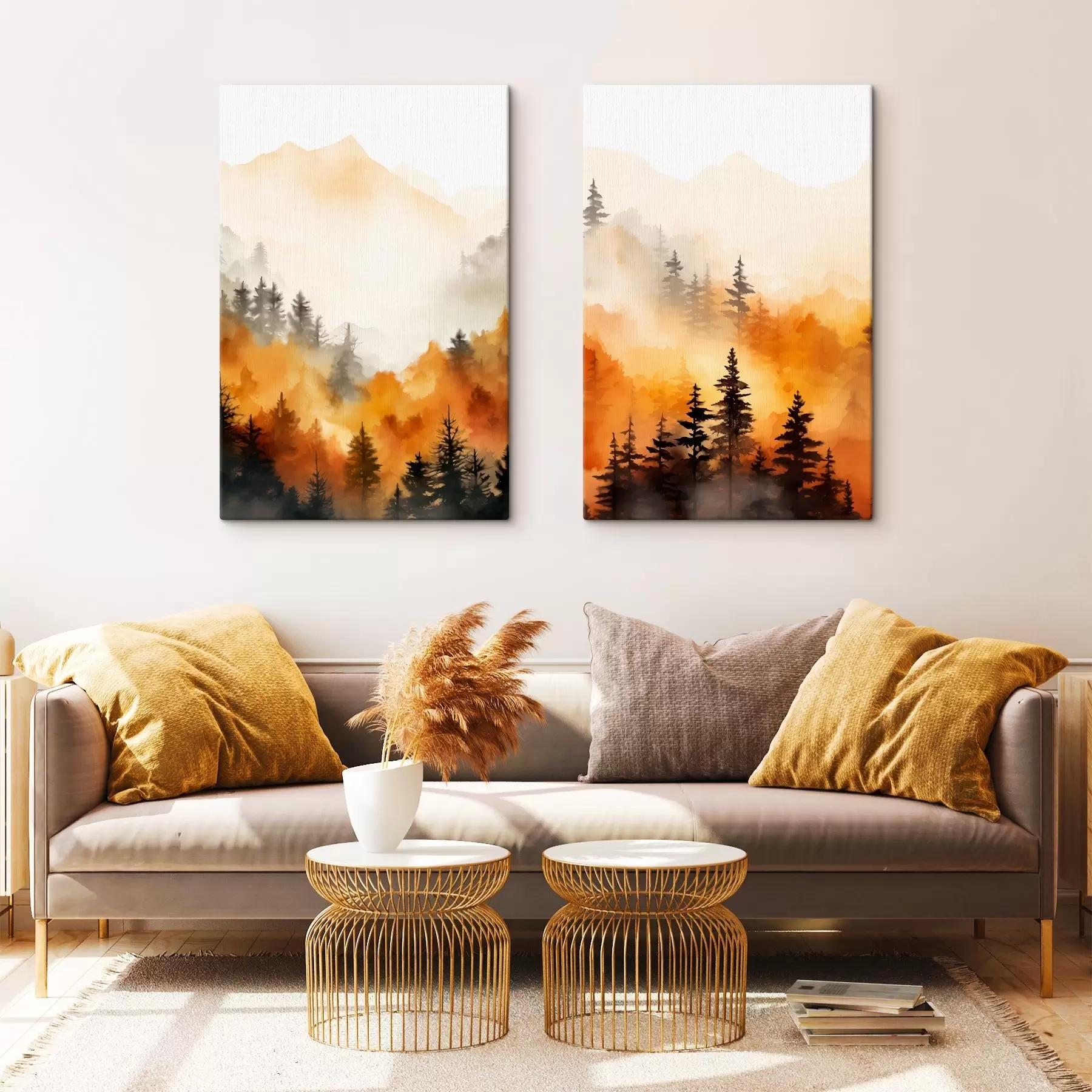 Fototapete Eine Landschaft Aquarell Malerei Nachahmung eines Waldes mit hohen Kiefern und Berge im Hintergrund m00519