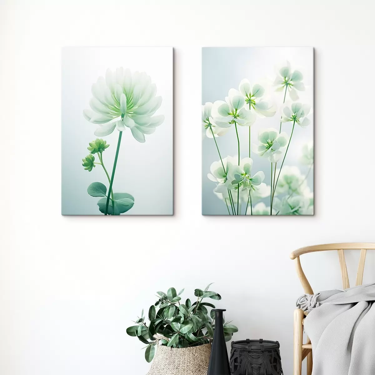 Fototapete Weißer Klee Blumen mit grünen Stiel und Blätter, weiche Beleuchtung, sauberen Hintergrund, minimalistische Komposition, botanische m00520