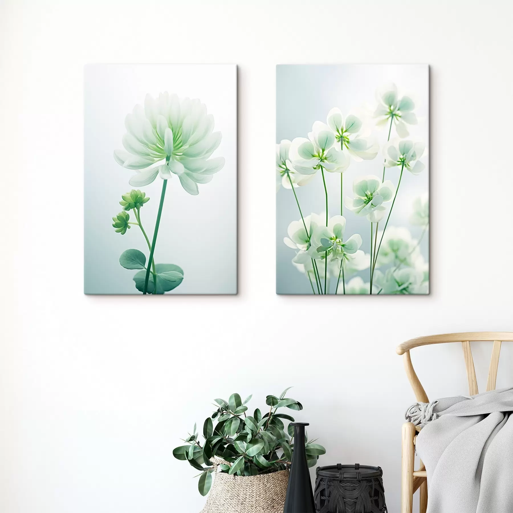 Fototapete Weißer Klee Blumen mit grünen Stiel und Blätter, weiche Beleuchtung, sauberen Hintergrund, minimalistische Komposition, botanische m00520