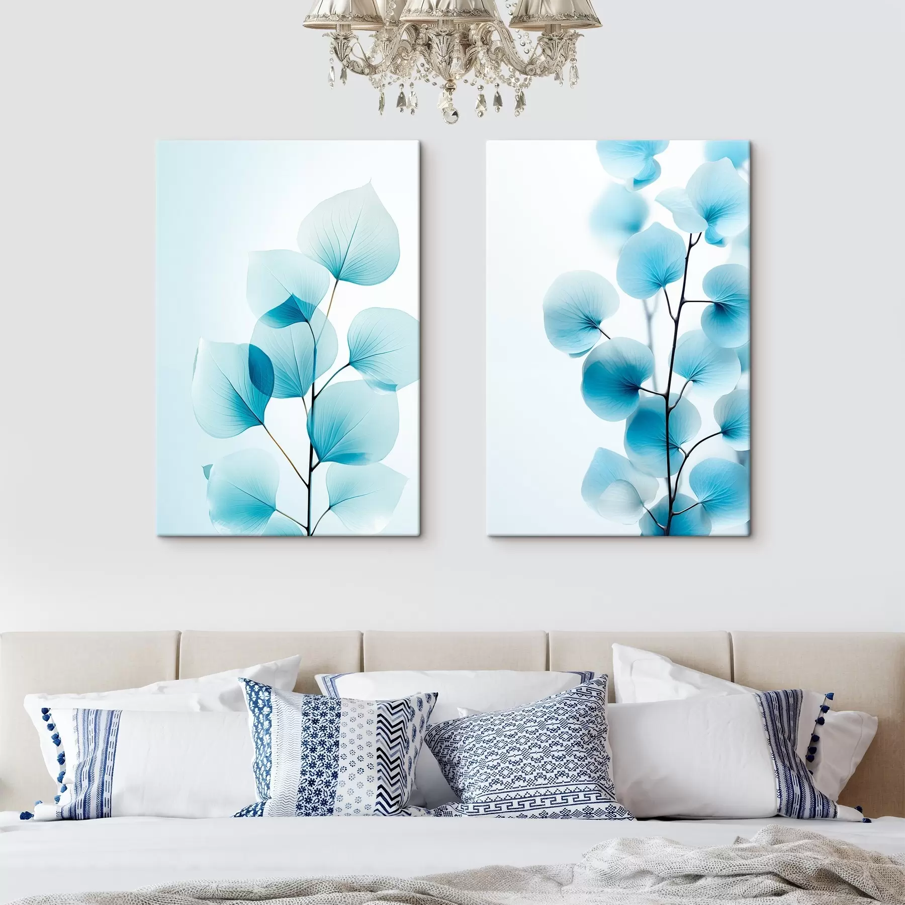 Fototapete Zweig mit durchscheinenden blauen Blättern, zarte Adern sichtbar, leichte und ruhige Komposition, minimalistische Ästhetik m00522