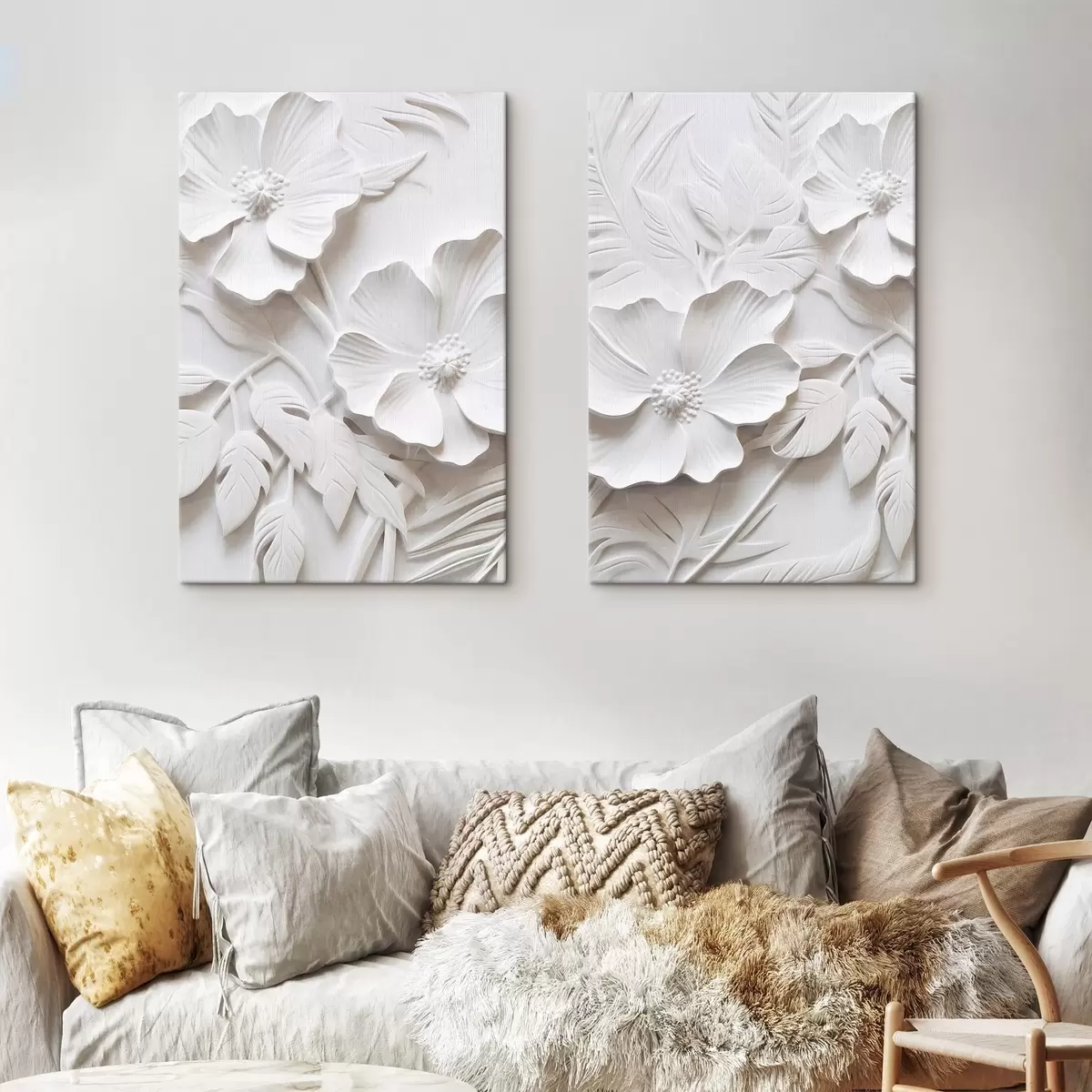 Fototapete Dekorative minimalistische weiße Blumen mit Blättern, Relief-Imitation, weißer Hintergrund m00524