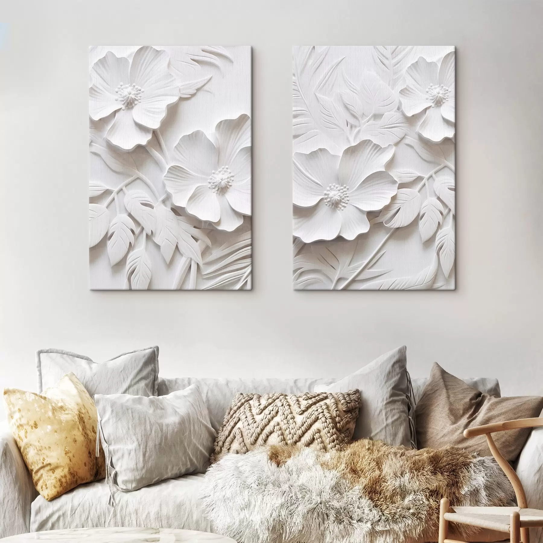 Fototapete Dekorative minimalistische weiße Blumen mit Blättern, Relief-Imitation, weißer Hintergrund m00524