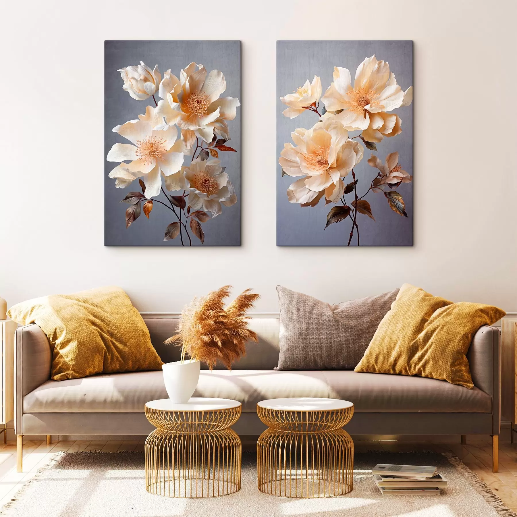 Fototapete Texturierte Blumen mit orangefarbenen Blütenstempeln und orangefarbenen Blättern auf grauem Hintergrund, weiches Licht, elegant, detailliert, realistisch m00525